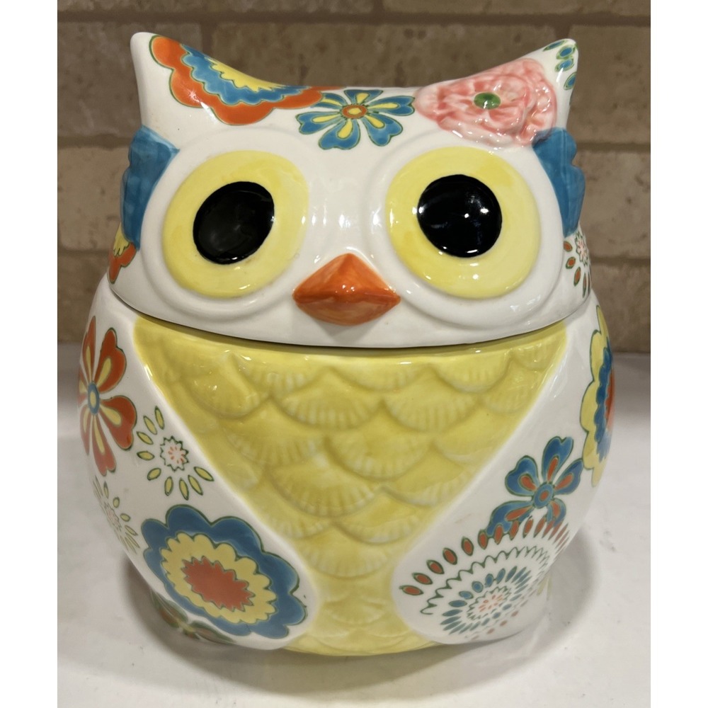 Pier 1 Imports Owl Cookie Stoneware Jar & Lid Yellow, Blue Orange Floral RETIRED